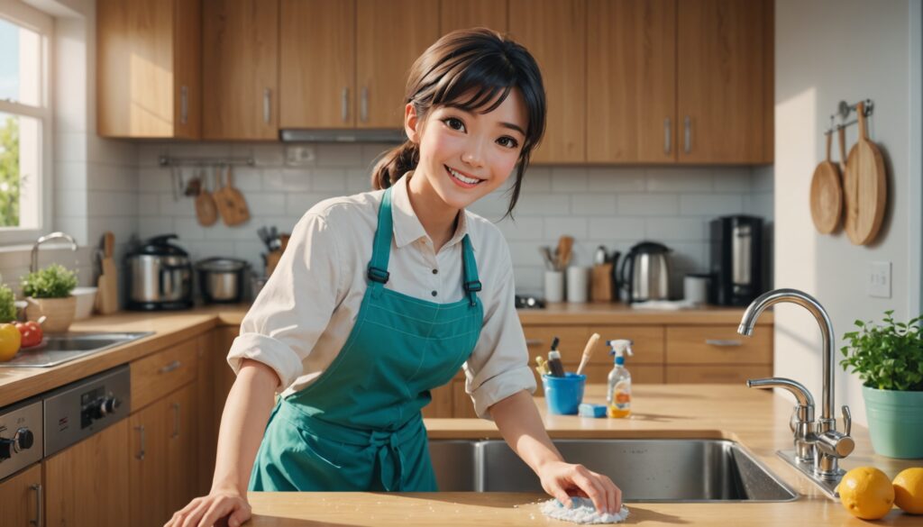 キッチンクリーニングをしてる女性のイメージ画像