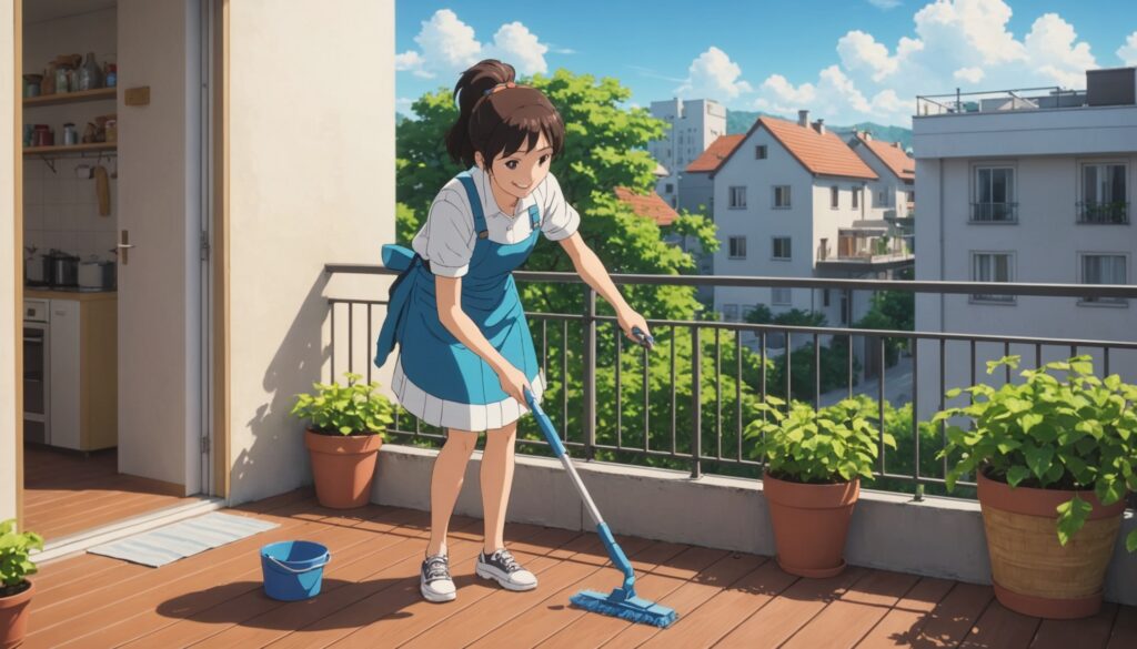 ベランダの掃除をしてる女性のイメージ画像