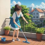 ベランダの掃除をしてる女性のイメージ画像