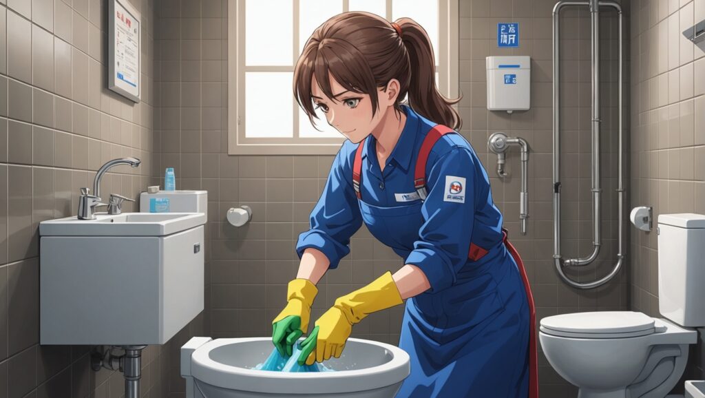 トイレクリーニングをしてる女性のイメージ画像