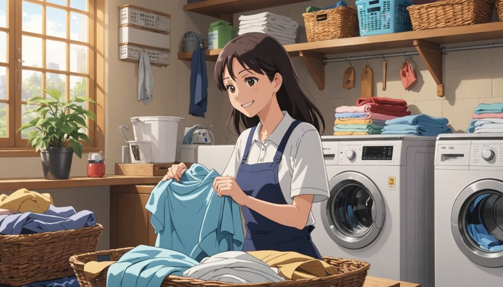 洗濯物をたたんでいる女性のイメージ画像