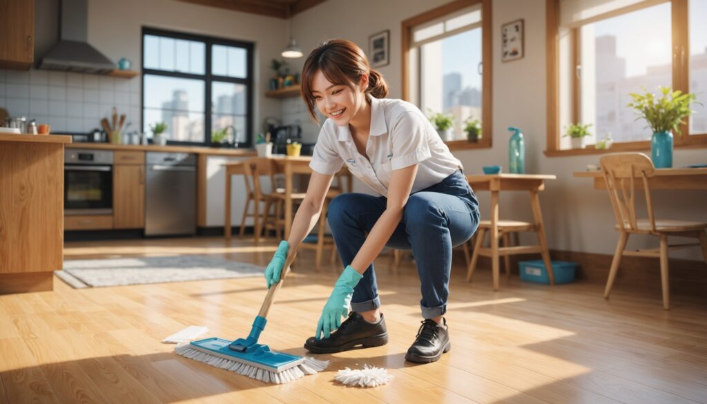 フローリングのワックス掛けをしてる女性のイメージ画像