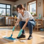 フローリングのワックス掛けをしてる女性のイメージ画像