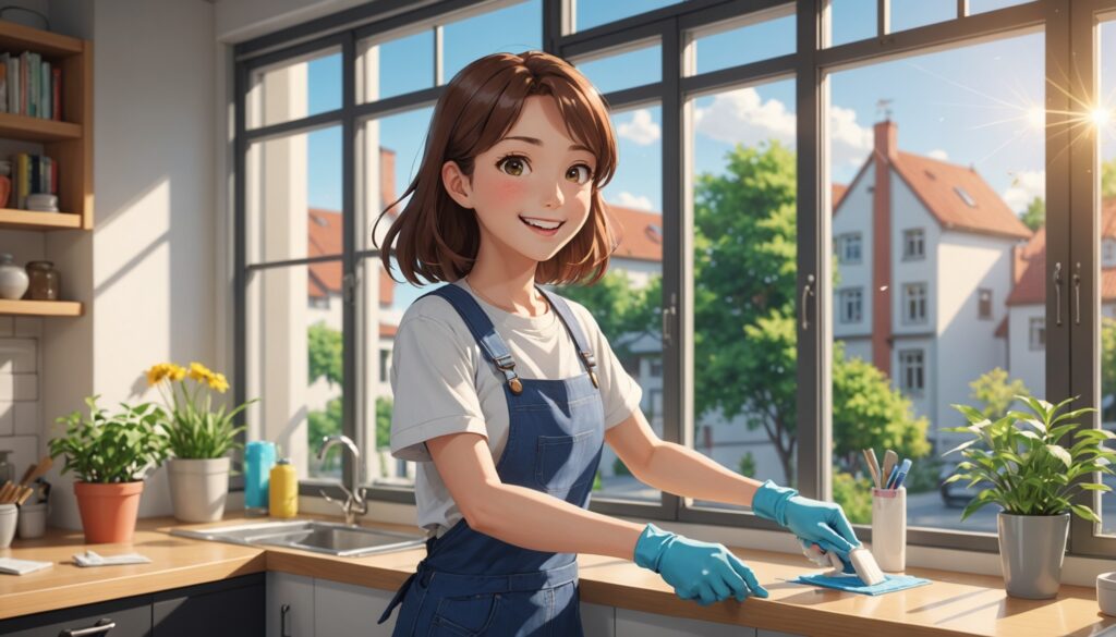 窓掃除をしてる女性のイメージ画像