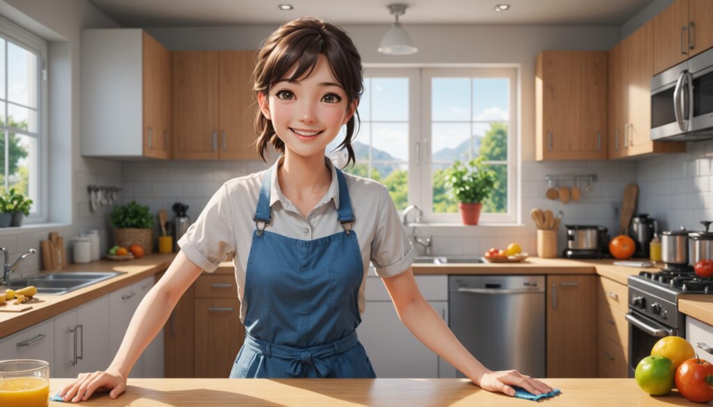 キッチンの掃除をしてる女性のイメージ画像