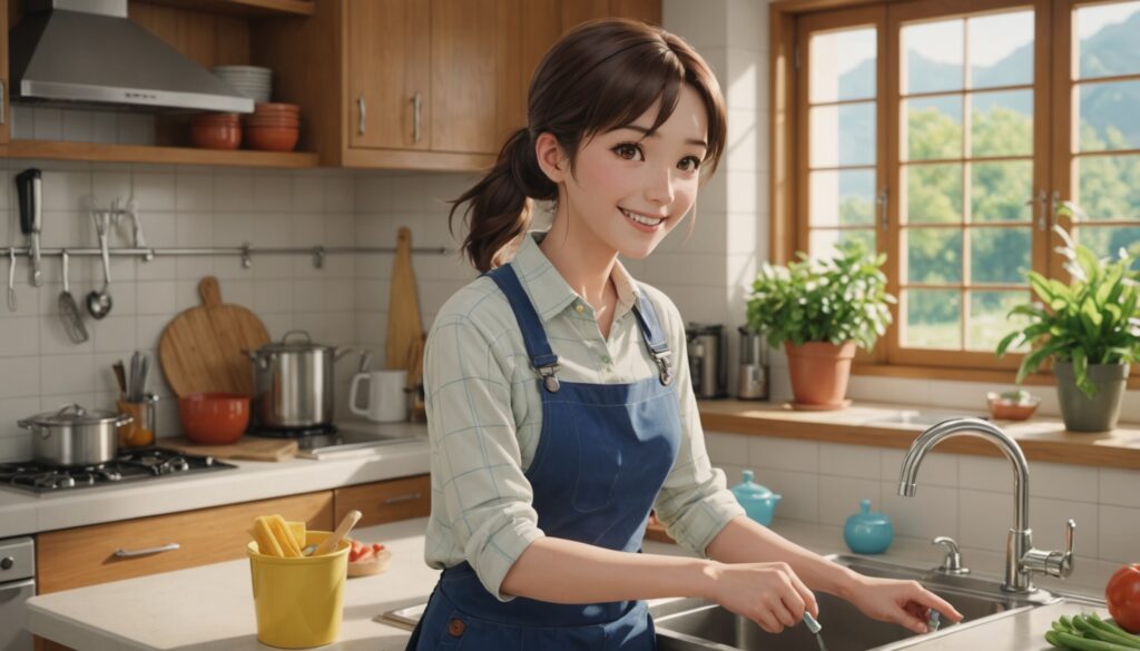 キッチンの掃除をしてる女性のイメージ画像