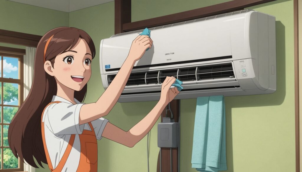 エアコンの掃除をしてる女性のイメージ画像