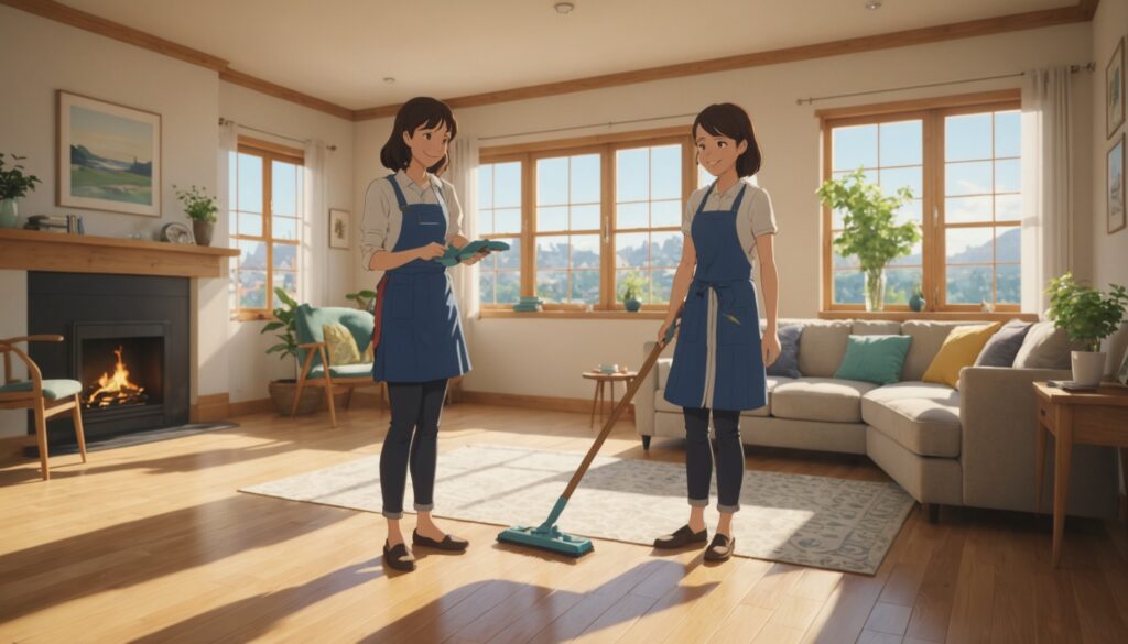フローリングのワックス掛けをしてる女性のイメージ画像