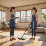 フローリングのワックス掛けをしてる女性のイメージ画像