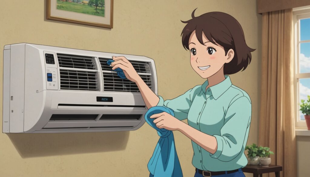 エアコンの掃除をしてる女性のイメージ画像