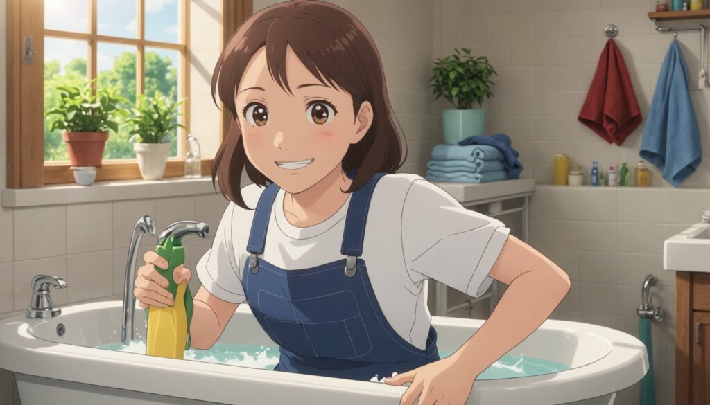 浴室の掃除をしてる女性のイメージ画像