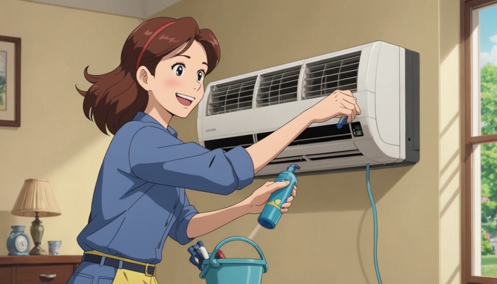 エアコンの掃除をしてる女性のイメージ画像