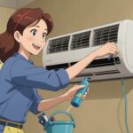 エアコンの掃除をしてる女性のイメージ画像
