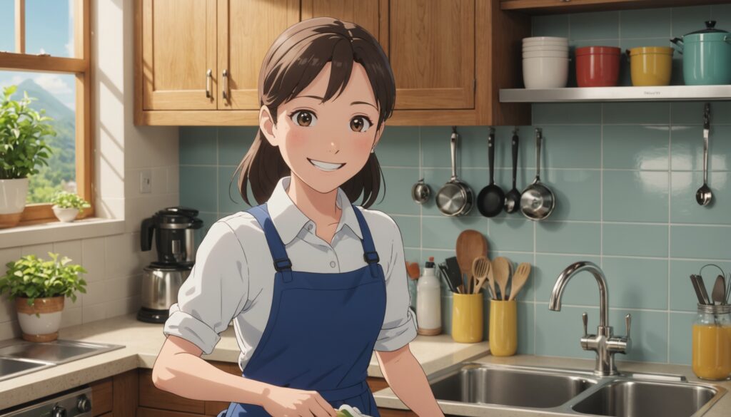 キッチンの掃除をしてる女性のイメージ画像